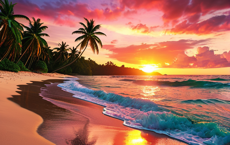 **
A vibrant sunset over a tropical beach, capturing the vivid colors and serene atmosphere. Focus on conveying emotion through the visual.
**